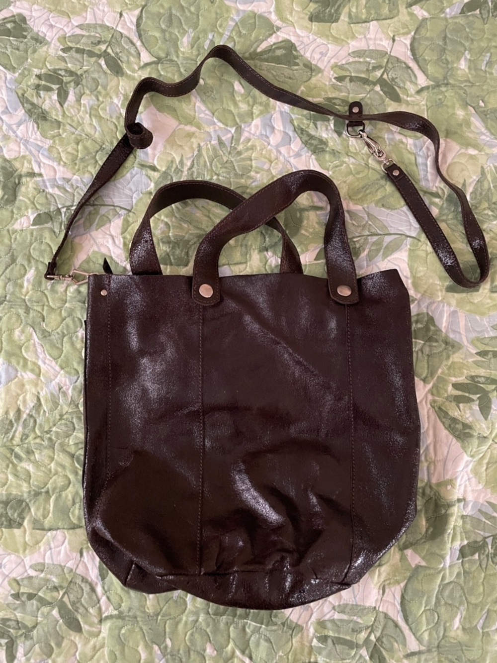 Brown Shiny Leather Tote Bucket Bag with Detachable Strap